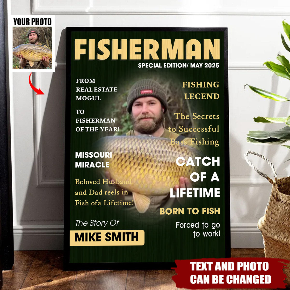 Personalized Man Cave Fishing Art Poster With Photo Name and Text,Unique Anniversary Birthday Gift For Husband Dad Friend