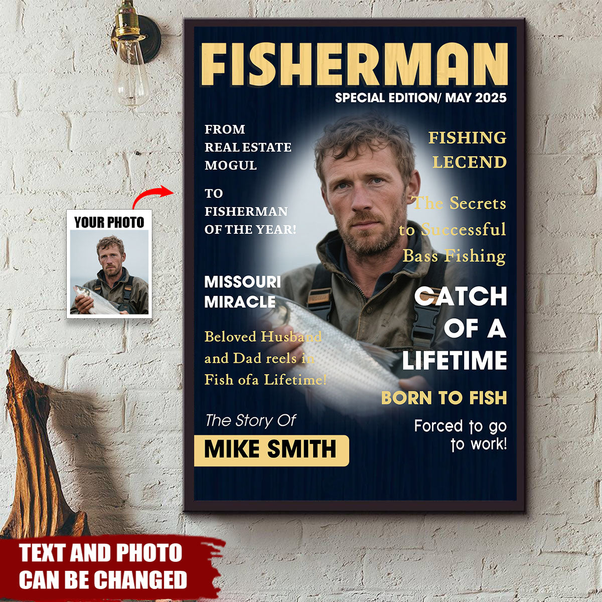 Personalized Man Cave Fishing Art Poster With Photo Name and Text,Unique Anniversary Birthday Gift For Husband Dad Friend