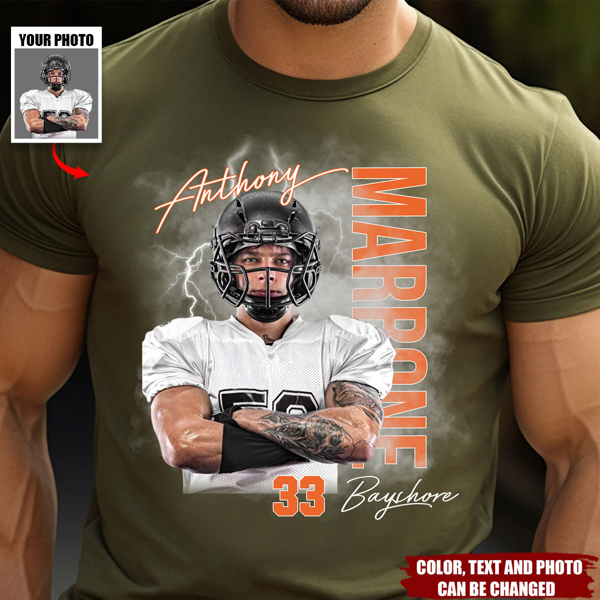 Personalized Football Player Photo Custom T-Shirt With Name & Number Show Sporty Style For Football Lover For Dad Husband Friend