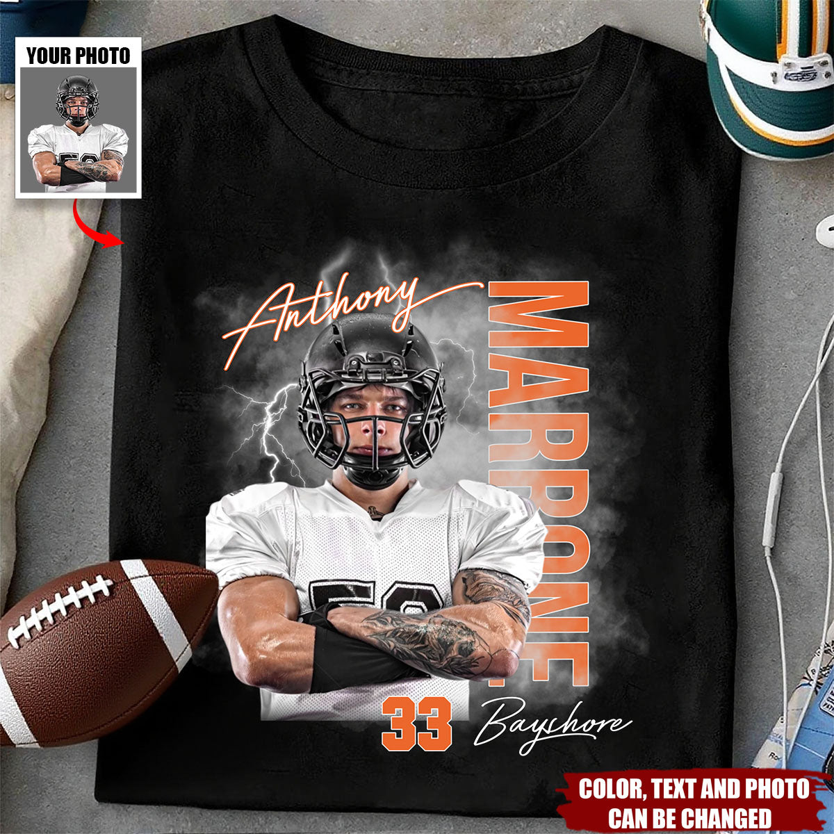 Personalized Football Player Photo Custom T-Shirt With Name & Number Show Sporty Style For Football Lover For Dad Husband Friend