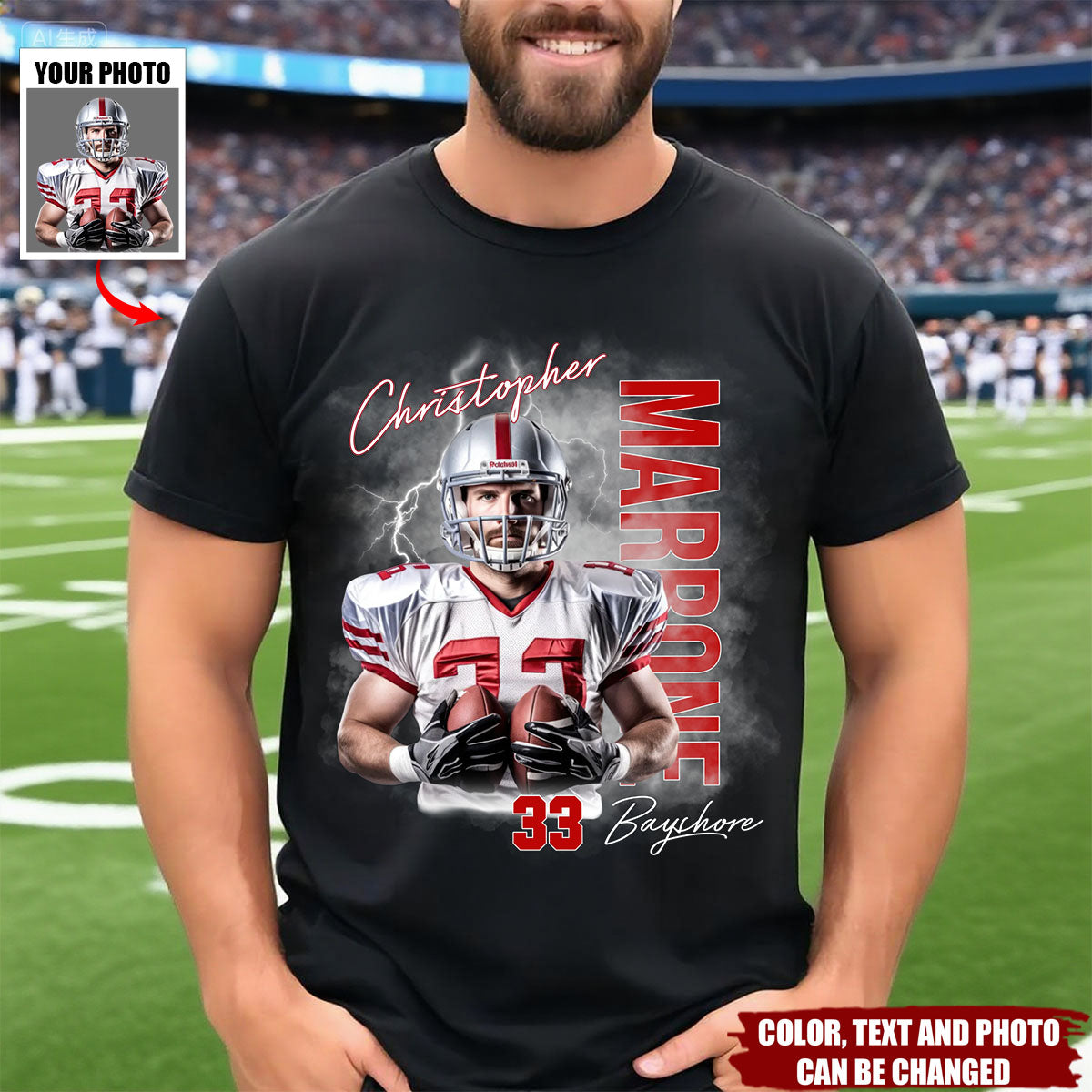 Personalized Football Player Photo Custom T-Shirt With Name & Number Show Sporty Style For Football Lover For Dad Husband Friend