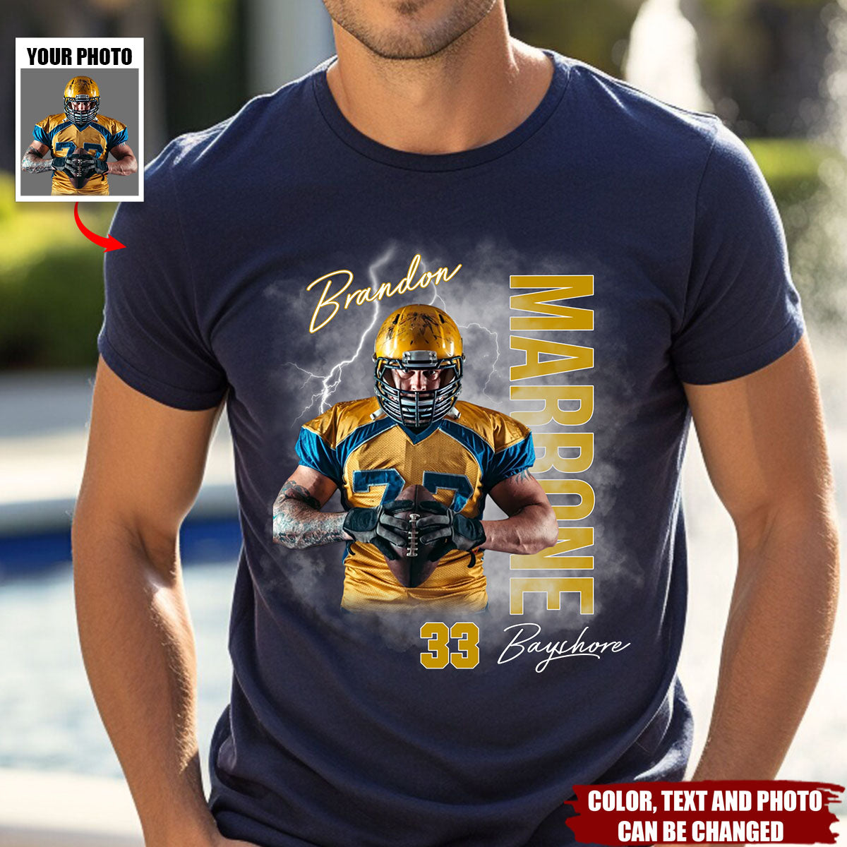 Personalized Football Player Photo Custom T-Shirt With Name & Number Show Sporty Style For Football Lover For Dad Husband Friend