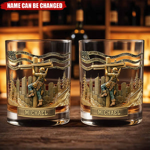 Personalized Lineman Whiskey Glass With Name Ideal Gift For Dad Husband Electrician Hard Worker