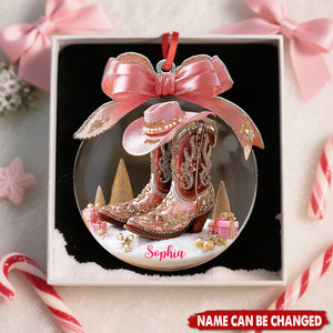 Personalized Western Style Pink Cowgirl Boots Ornament With Name Hat & Bow Romantic Christmas Gift For Her