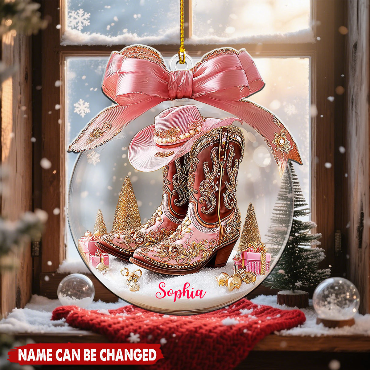 Personalized Western Style Pink Cowgirl Boots Ornament With Name Hat & Bow Romantic Christmas Gift For Her