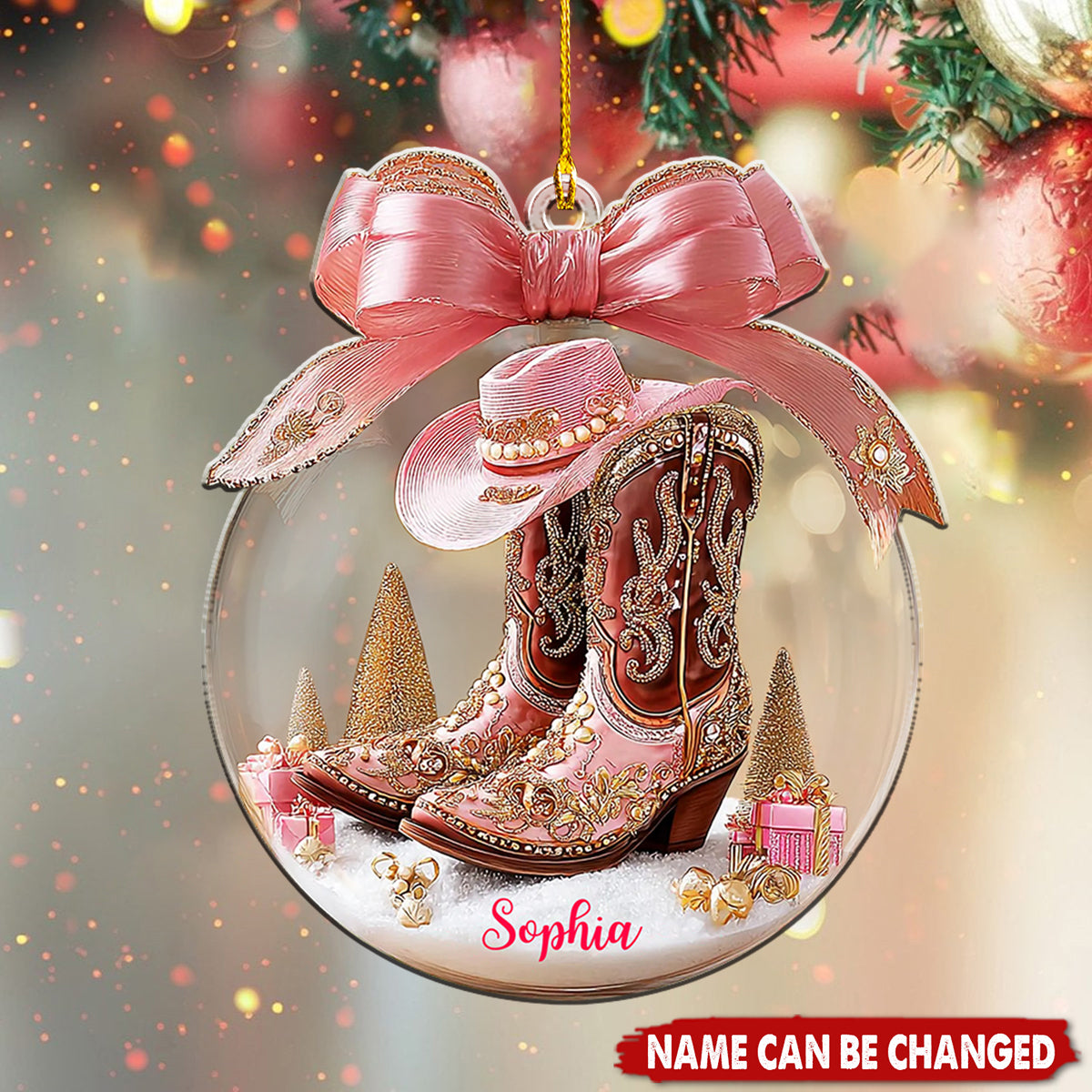 Personalized Western Style Pink Cowgirl Boots Ornament With Name Hat & Bow Romantic Christmas Gift For Her