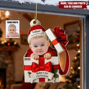 Personalized Baby Sitting Christmas Gift Box Ornament With Name Photo & Year New Baby Christmas Announcement Gift For Family