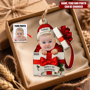 Personalized Baby Sitting Christmas Gift Box Ornament With Name Photo & Year New Baby Christmas Announcement Gift For Family