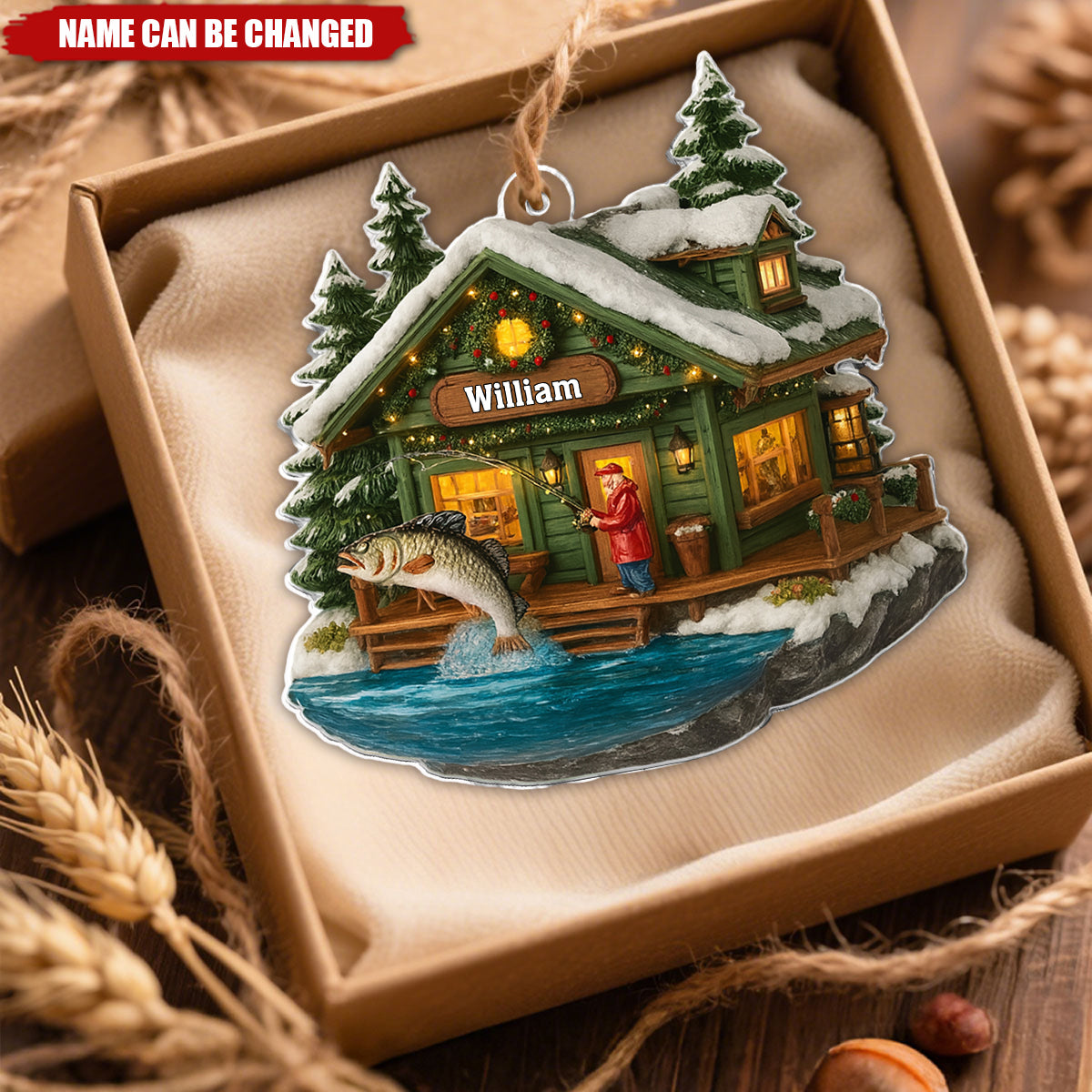 Personalized Fishing Cabin Ornament With Name & Bass Fishing Theme - Winter Fishing Gifts For Dad Husband Angler