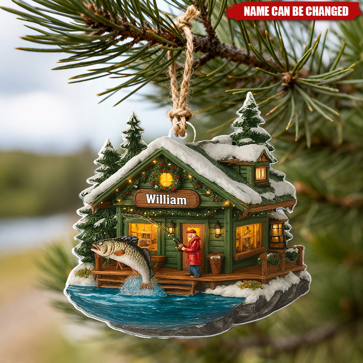 Personalized Fishing Cabin Ornament With Name & Bass Fishing Theme - Winter Fishing Gifts For Dad Husband Angler