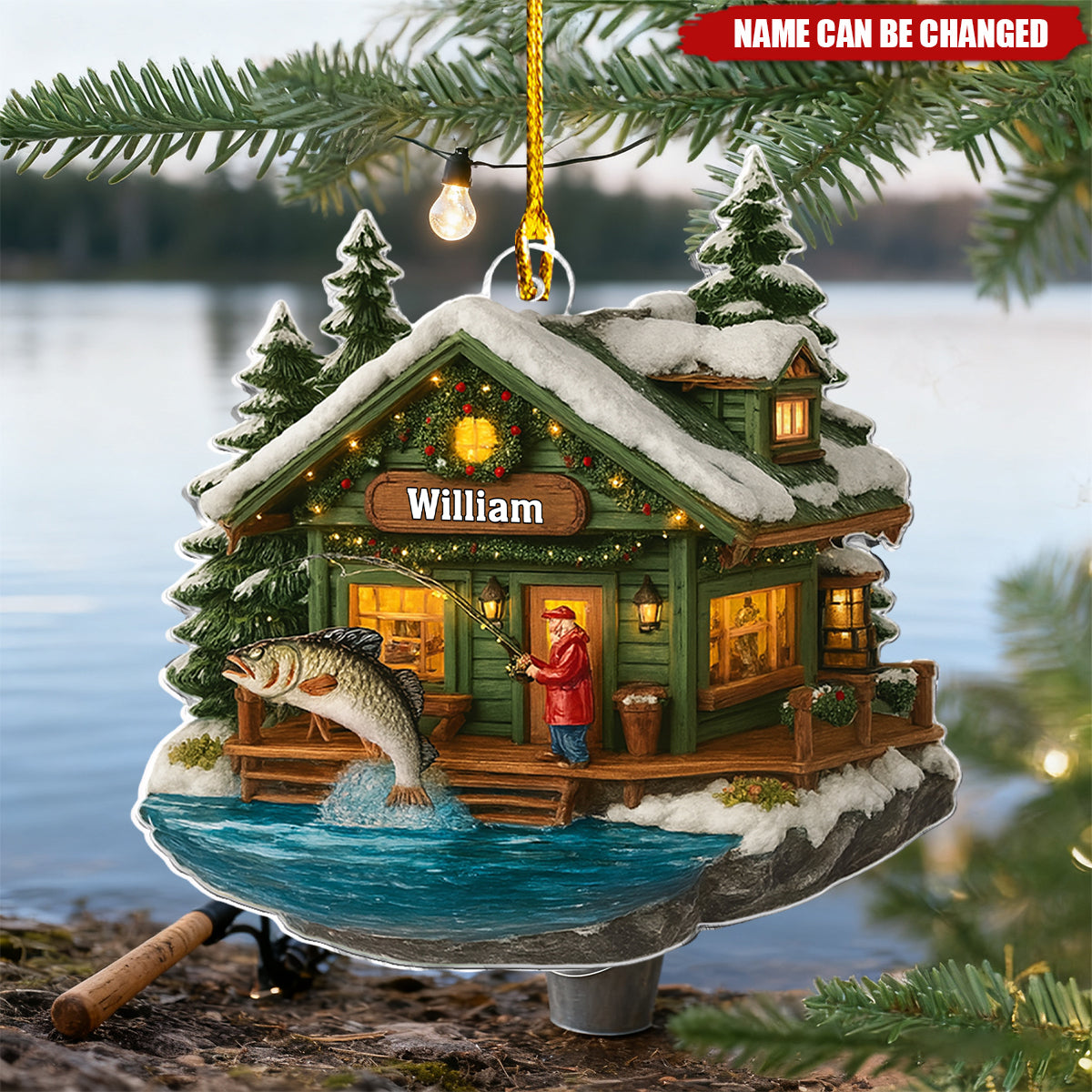 Personalized Fishing Cabin Ornament With Name & Bass Fishing Theme - Winter Fishing Gifts For Dad Husband Angler