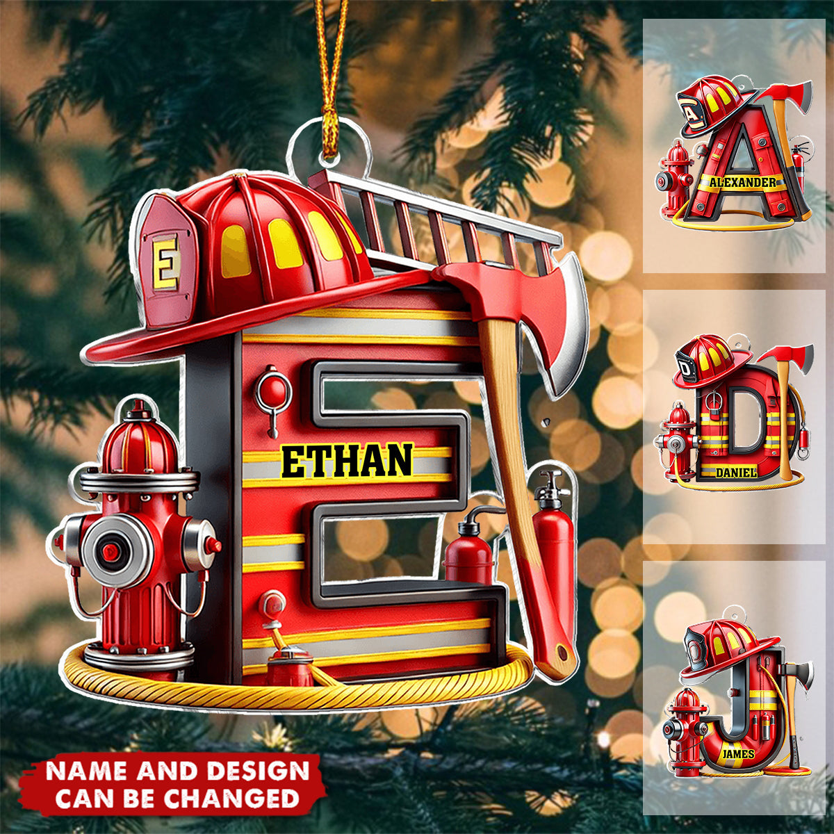 Personalized Firefighter Alphabet Ornament With Name & Axe Hydrant - Gift For Fireman First Responder