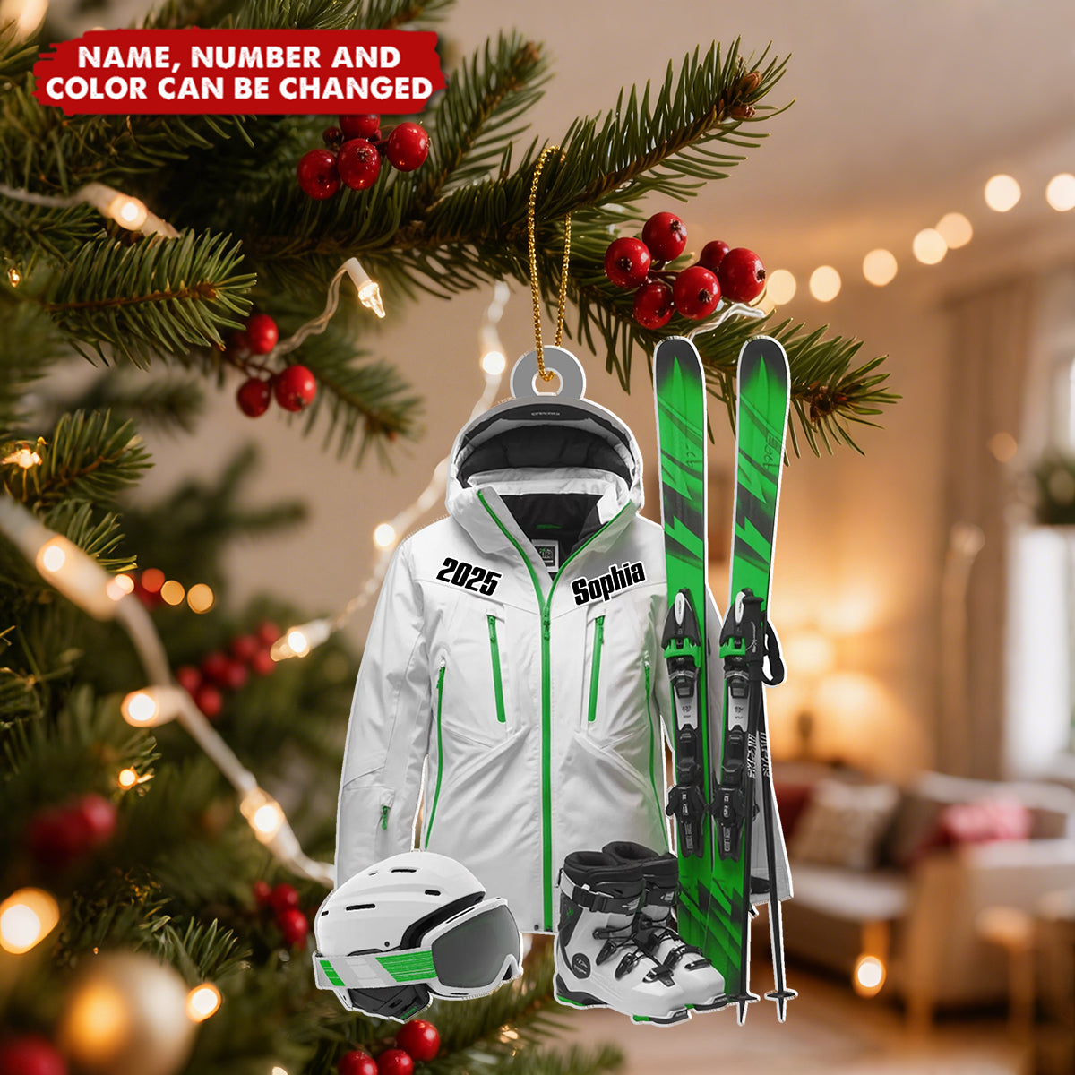 Personalized Ski Gear Ornament With Name Year & Color - Skier Gift For Christmas