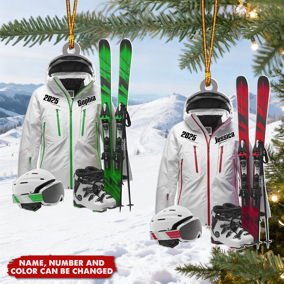 Personalized Ski Gear Ornament With Name Year & Color - Skier Gift For Christmas