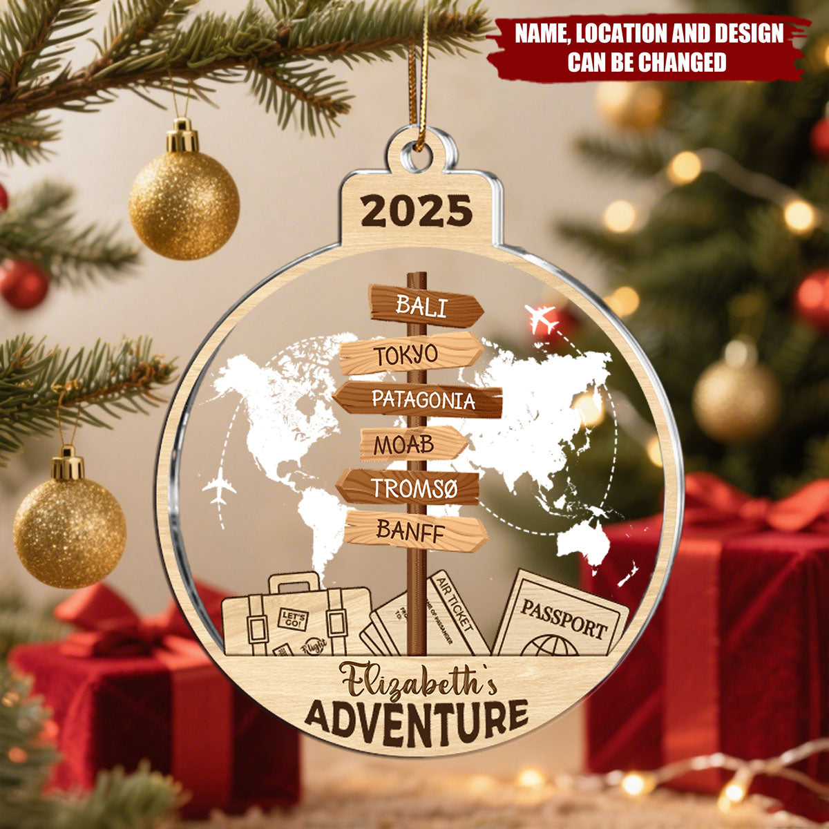 Personalized Adventure 2-Layered Mix Ornament With 1-15 World Destination Signs - Exploring World Christmas Gift For Traveller