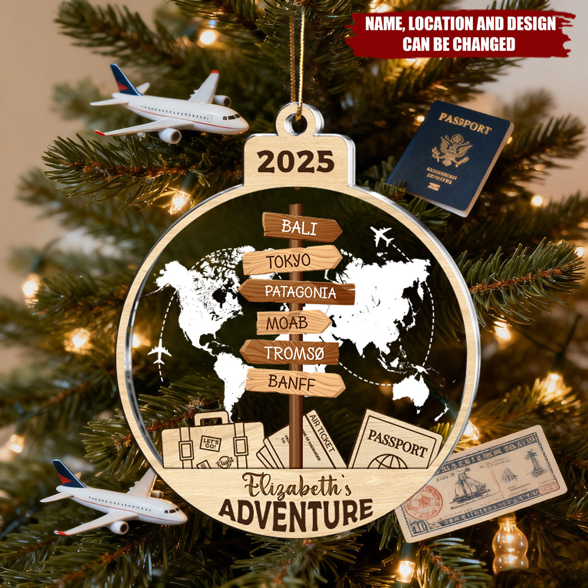 Personalized Adventure 2-Layered Mix Ornament With 1-15 World Destination Signs - Exploring World Christmas Gift For Traveller