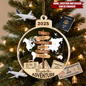 Personalized Adventure 2-Layered Mix Ornament With 1-15 World Destination Signs - Exploring World Christmas Gift For Traveller