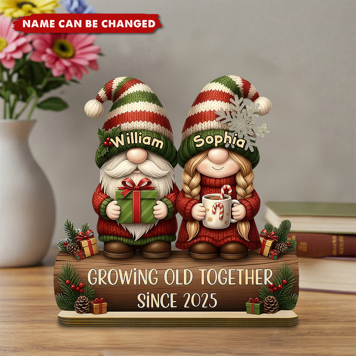 Personalized "Growing Old Together" Gnome Plaque With Names & Gift Hot Cocoa | Heartfelt Christmas Gift For Couple Grandparent