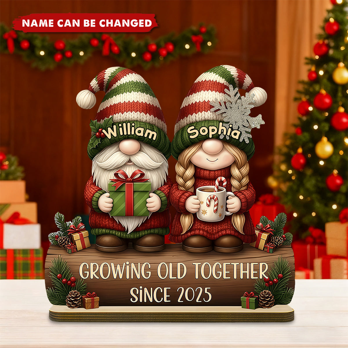 Personalized "Growing Old Together" Gnome Plaque With Names & Gift Hot Cocoa | Heartfelt Christmas Gift For Couple Grandparent