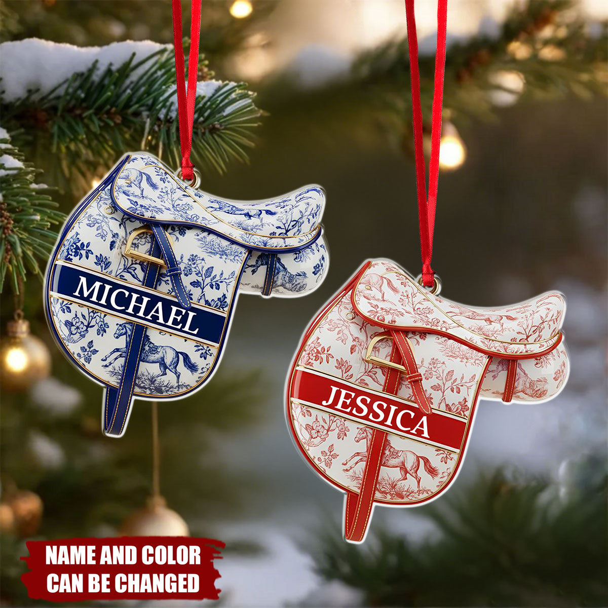 Personalized Equestrian Saddle Ornament With Rider Name & Color | Christmas Decorations For Equestrian Lover