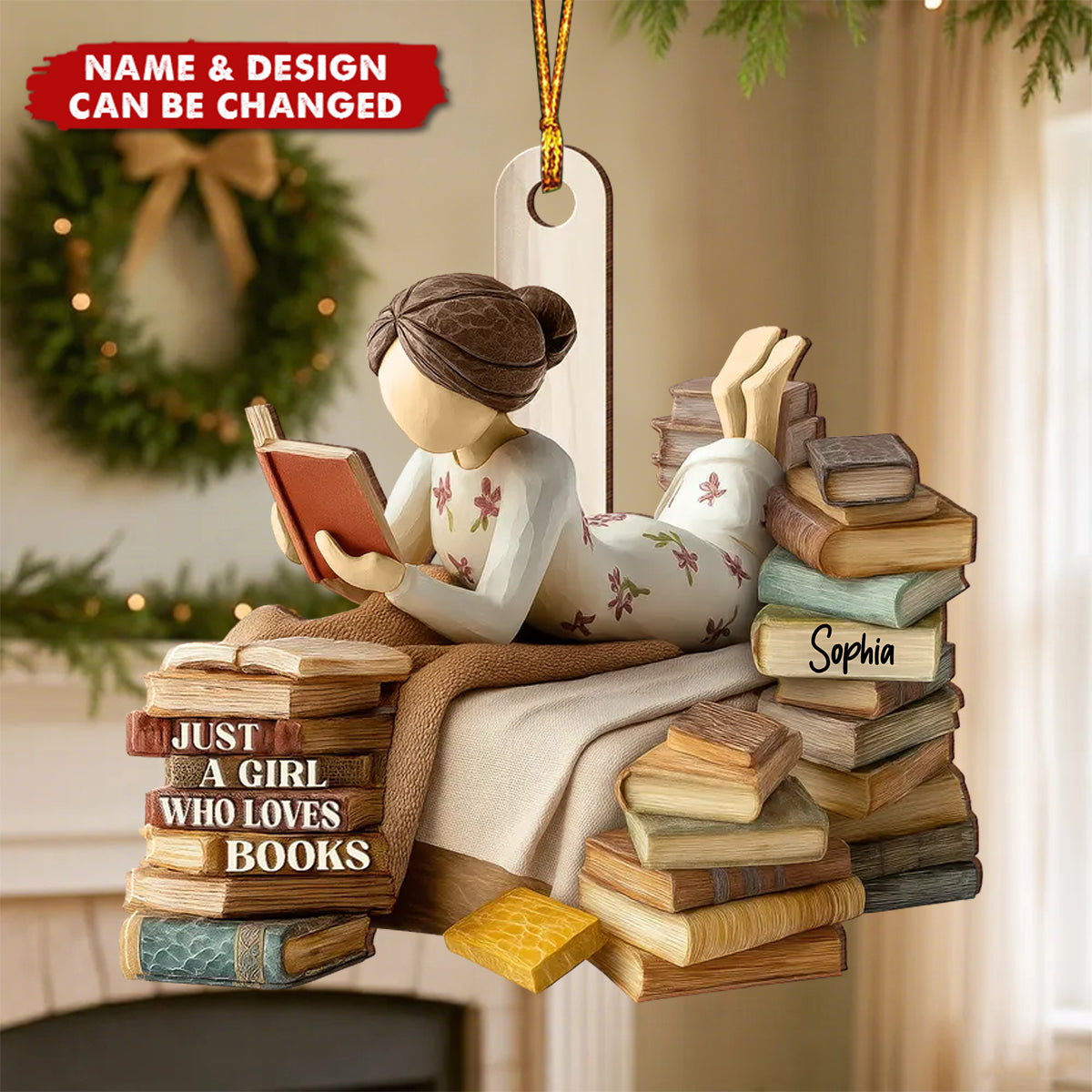 Personalized "Just A Girl Who Loves Books" Ornament With Name Stack of Books | Sentimental Xmas Gift for Book Lovers Librarian