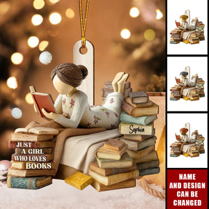Personalized "Just A Girl Who Loves Books" Ornament With Name Stack of Books | Sentimental Xmas Gift for Book Lovers Librarian