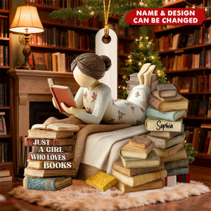 Personalized "Just A Girl Who Loves Books" Ornament With Name Stack of Books | Sentimental Xmas Gift for Book Lovers Librarian