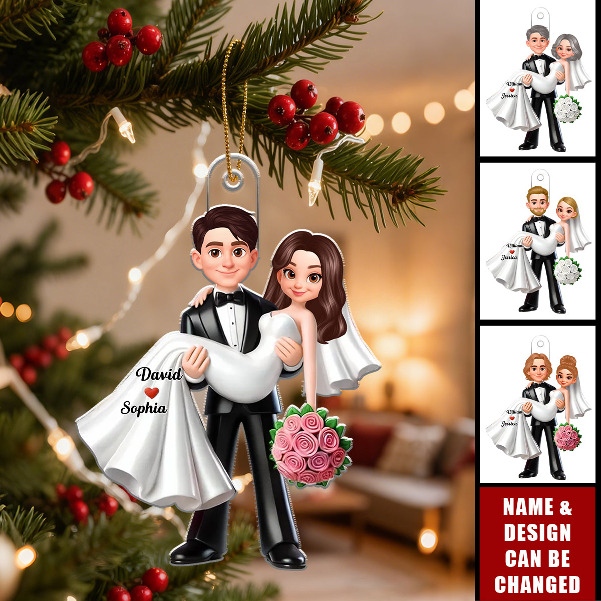 Personalized Wedding Christmas Ornament With Couple Icon Names & Bouquet Design - Precious Anniversary Xmas Gift For Couples
