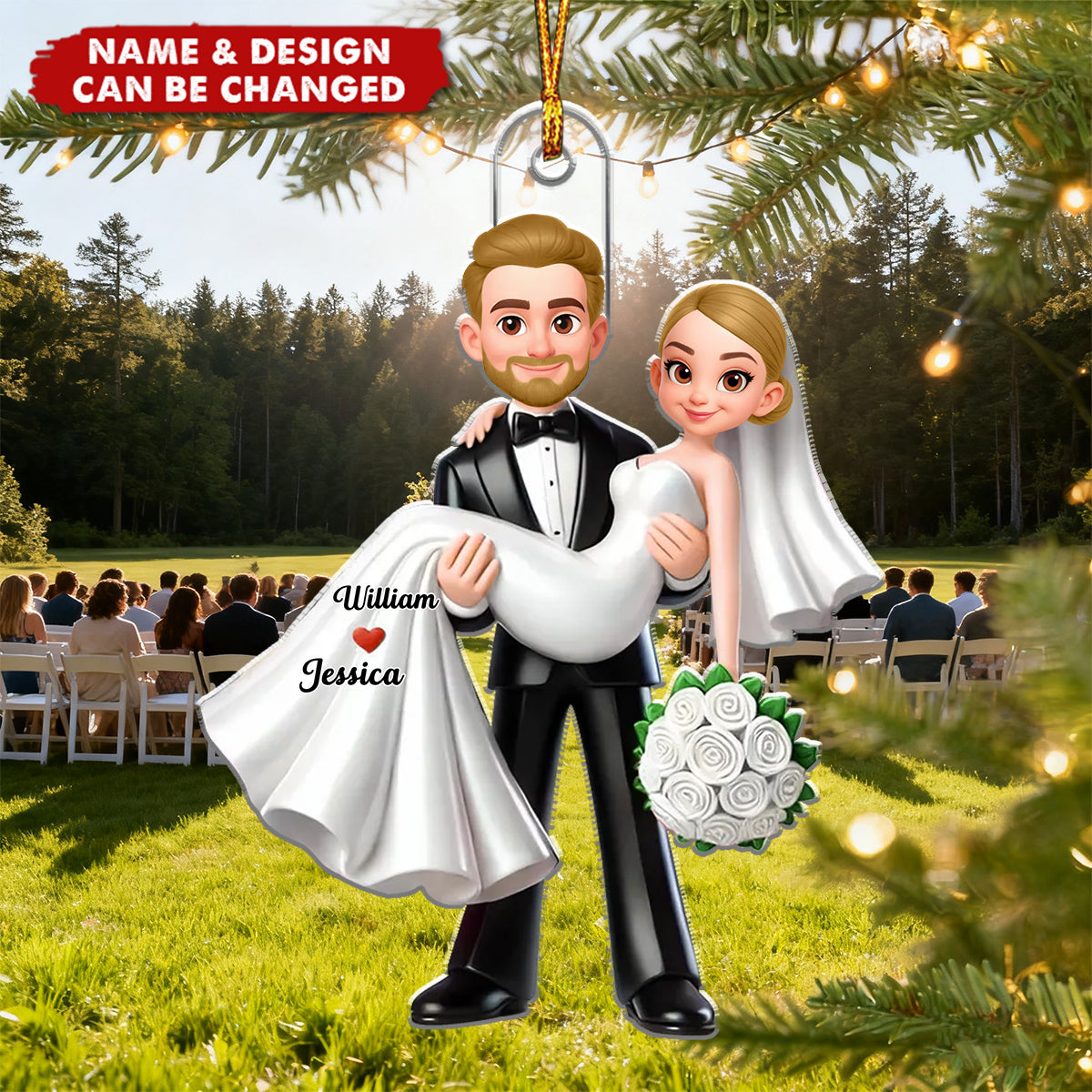 Personalized Wedding Christmas Ornament With Couple Icon Names & Bouquet Design - Precious Anniversary Xmas Gift For Couples