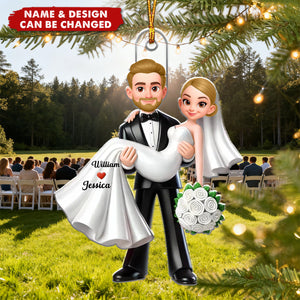 Personalized Wedding Christmas Ornament With Couple Icon Names & Bouquet Design - Precious Anniversary Xmas Gift For Couples