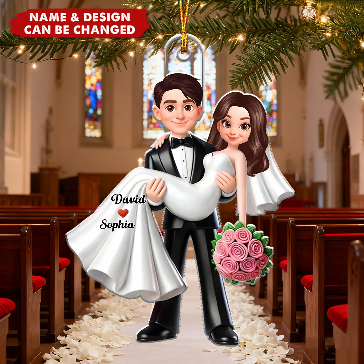 Personalized Wedding Christmas Ornament With Couple Icon Names & Bouquet Design - Precious Anniversary Xmas Gift For Couples