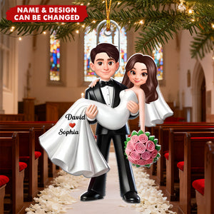 Personalized Wedding Christmas Ornament With Couple Icon Names & Bouquet Design - Precious Anniversary Xmas Gift For Couples