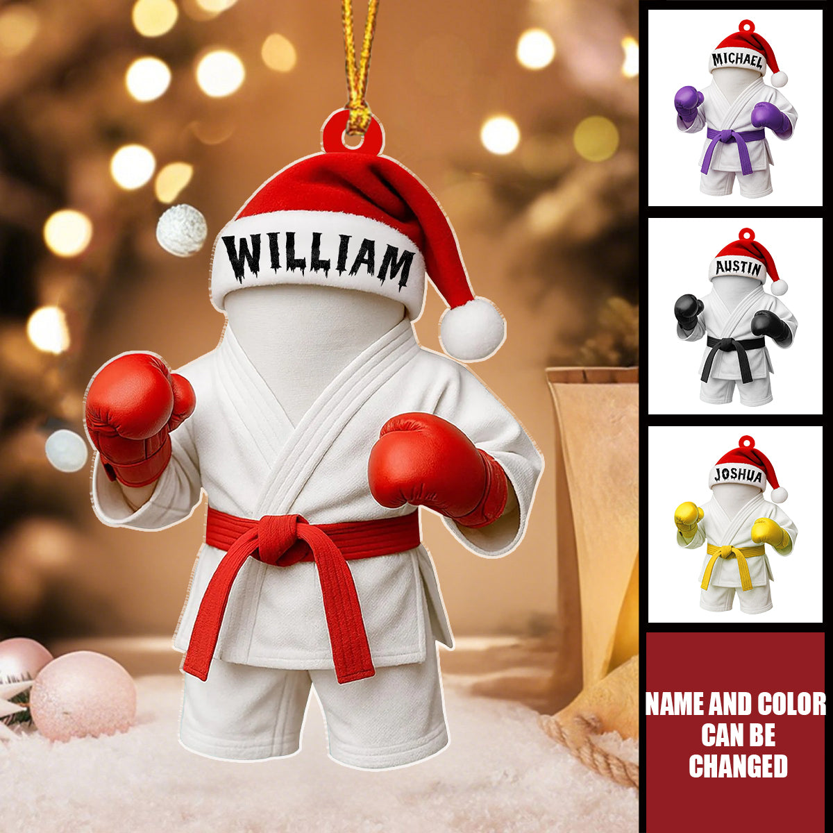 Personalized Karate Arts Figurine Ornament With Name and Belt Gloves Color | Professional Xmas Gift For Athlete Karate Lover