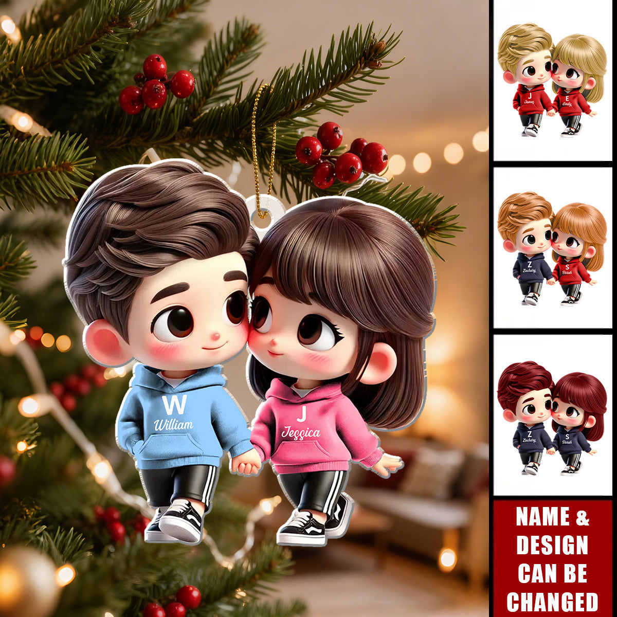 Personalized Chibi Style Couple Holding Hands Christmas Ornament Cartoon Acrylic - Perfect For Anniversary Valentine's Day