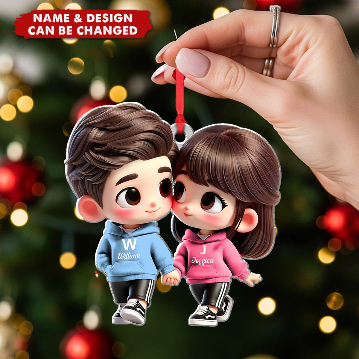 Personalized Chibi Style Couple Holding Hands Christmas Ornament Cartoon Acrylic - Perfect For Anniversary Valentine's Day