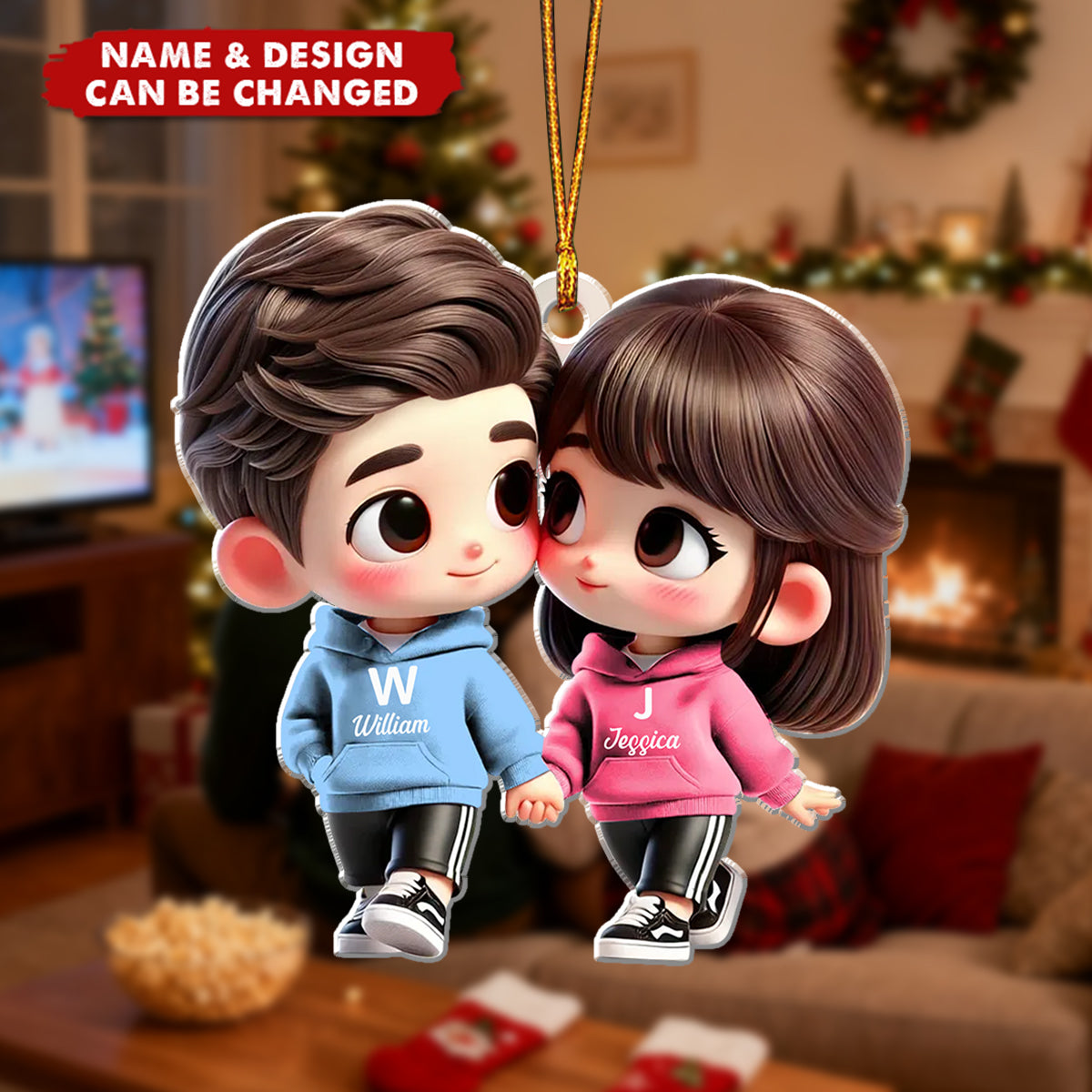 Personalized Chibi Style Couple Holding Hands Christmas Ornament Cartoon Acrylic - Perfect For Anniversary Valentine's Day
