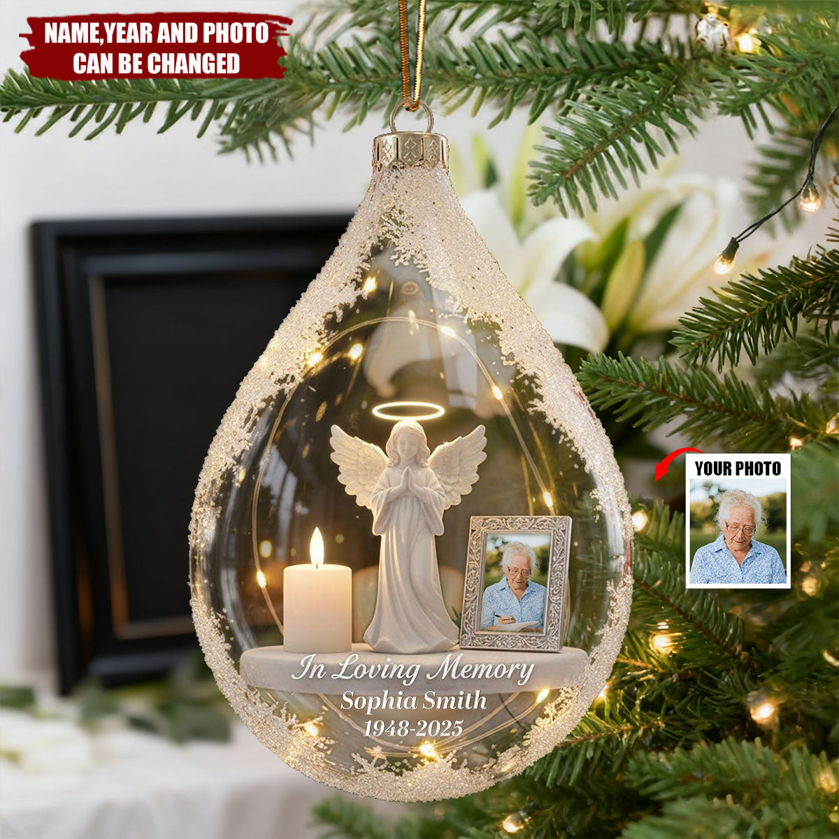 Personalized Angel Candle Memorial 3D Effect Ornament With Name & Year & Photo - Xmas Healing Bereavement Gift For Loss Of Loved Family