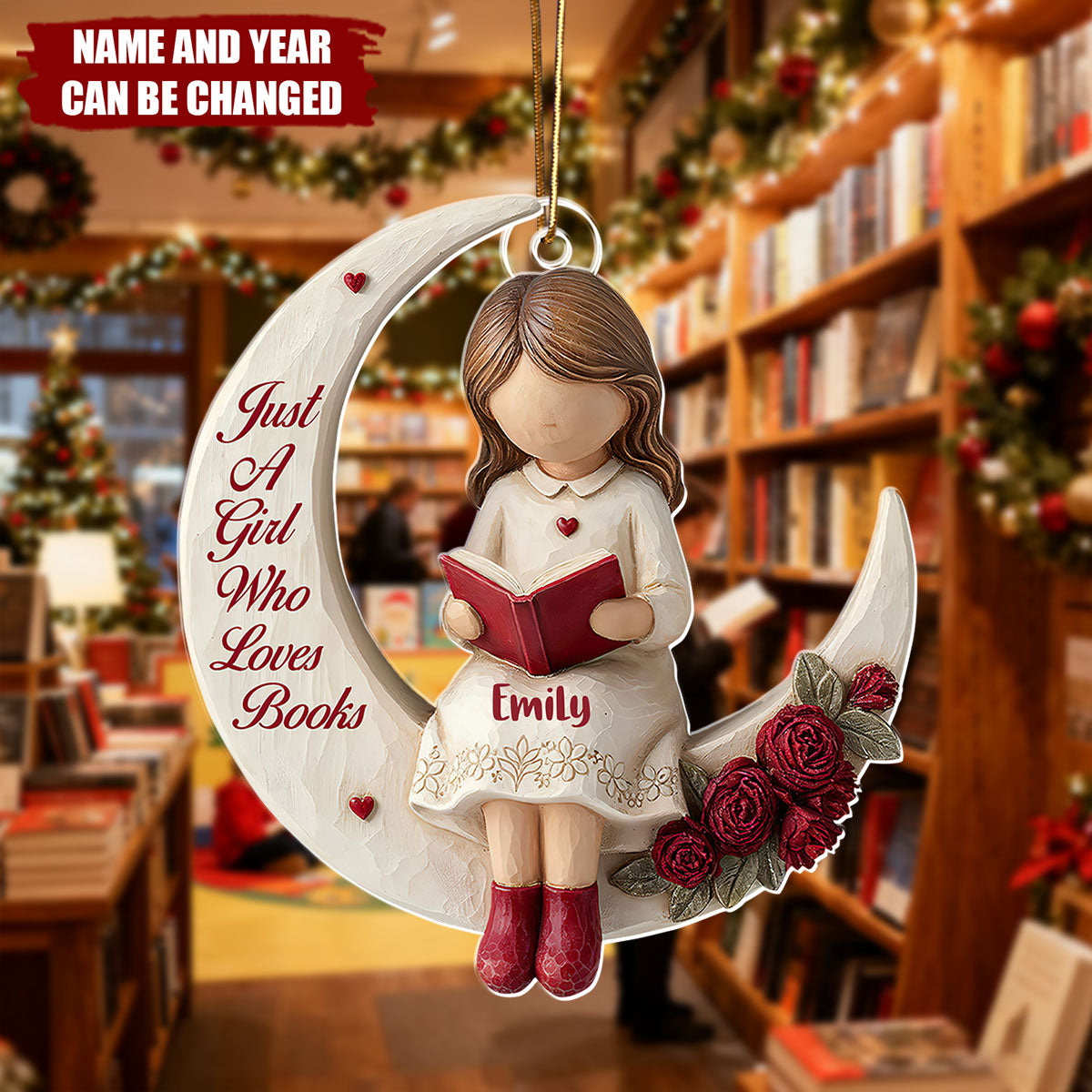 Personalized "Just A Girl Who Loves Books" Moon Acrylic Ornament With Name | Christmas Decoration Gift For Book Lovers Girl