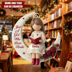 Personalized "Just A Girl Who Loves Books" Moon Acrylic Ornament With Name | Christmas Decoration Gift For Book Lovers Girl