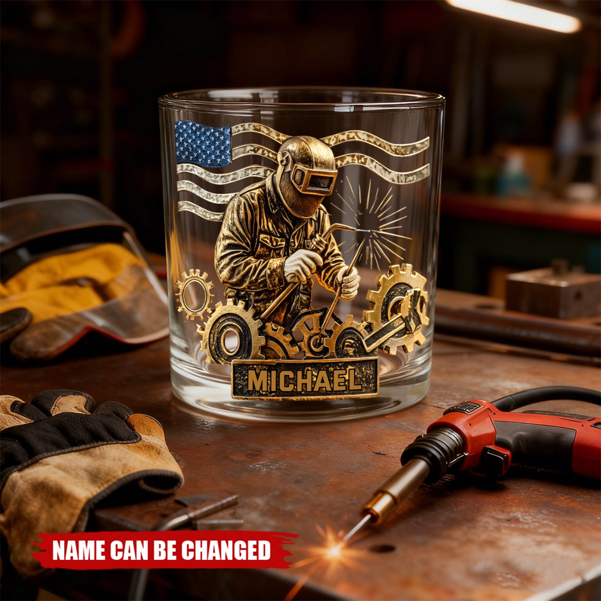 Customized Welder & Gear Whiskey Glass 11Oz With Name – Fathers Day | Birthday | Christmas Gift For Him