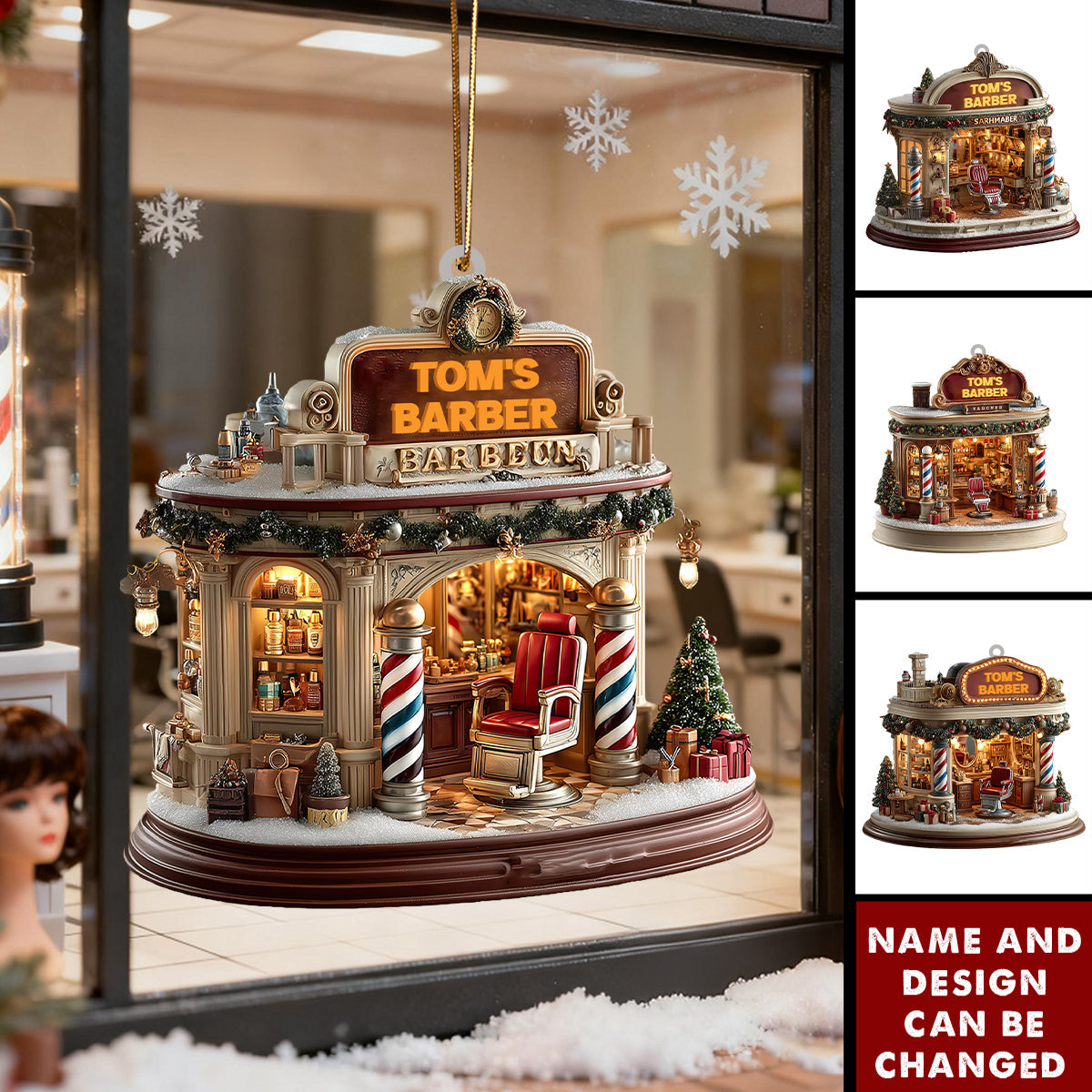 Personalized Red Chair & Barber Poles Christmas Acrylic Ornament With Design And Name | 3D Effect | Holiday Gift For Barber Salon Owner