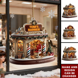 Personalized Red Chair & Barber Poles Christmas Acrylic Ornament With Design And Name | 3D Effect | Holiday Gift For Barber Salon Owner