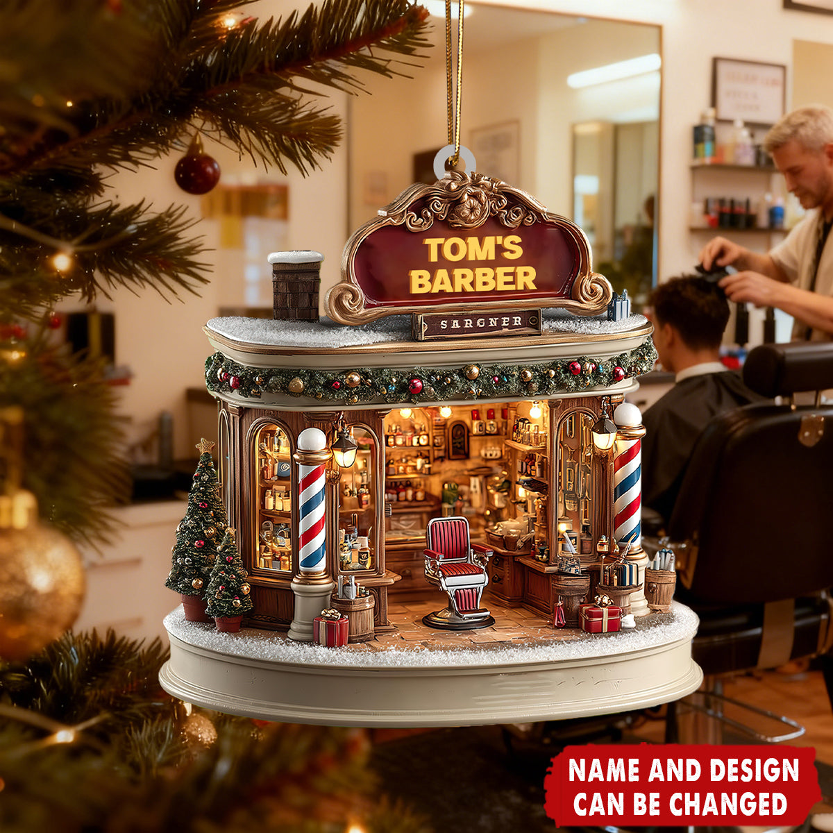 Personalized Red Chair & Barber Poles Christmas Acrylic Ornament With Design And Name | 3D Effect | Holiday Gift For Barber Salon Owner