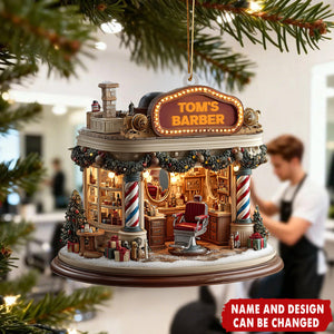 Personalized Red Chair & Barber Poles Christmas Acrylic Ornament With Design And Name | 3D Effect | Holiday Gift For Barber Salon Owner