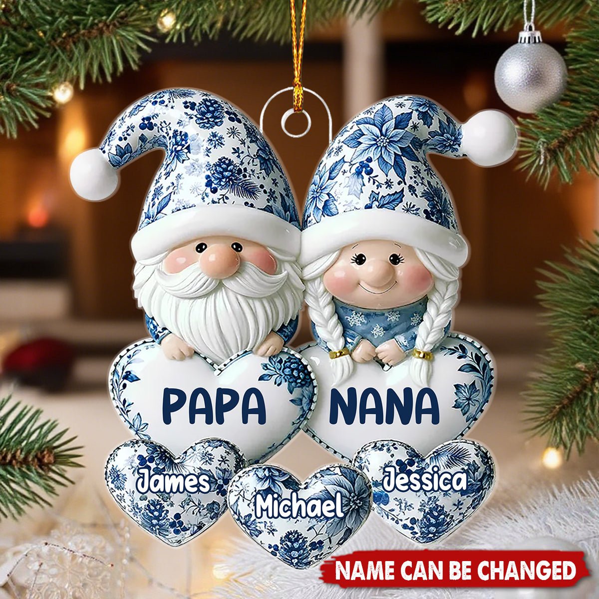 Personalized Timeless Vintage Toile De Jouy Gnome Grandparents Ornament With Papa Nana Names & Grandkids 1-8 Names |  Unique Xmas Gift For Family