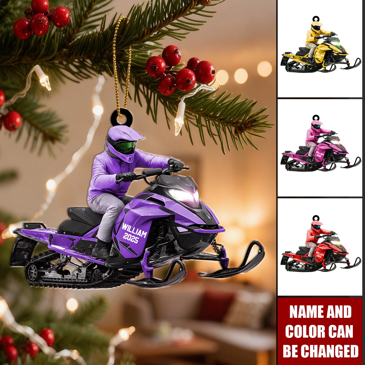 Personalized Snowmobile Rider Christmas Acrylic Ornament With Name & Color | Winter Adventure Tree Decoration – Gift For Snowmobiler