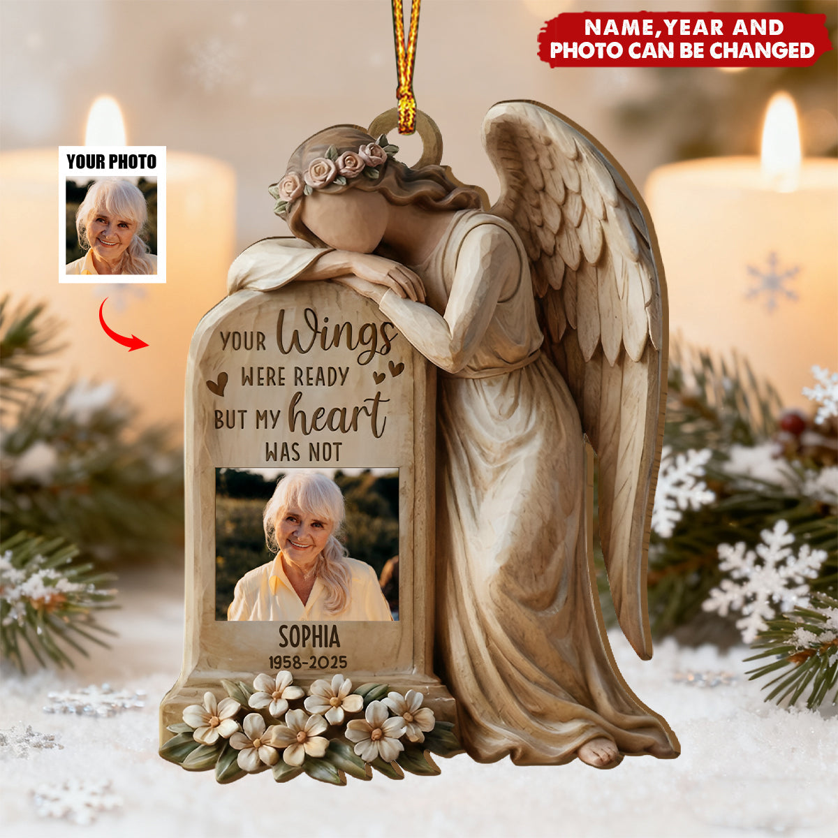 Personalized Photo Memorial Angel Wooden Ornament With Name & Year - Christmas Remembrance | Sympathy Gift For Loss Of Family