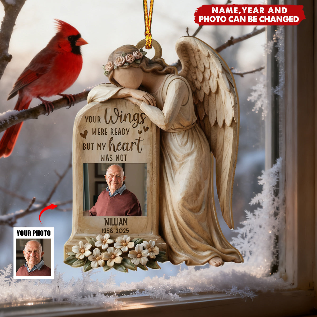 Personalized Photo Memorial Angel Wooden Ornament With Name & Year - Christmas Remembrance | Sympathy Gift For Loss Of Family
