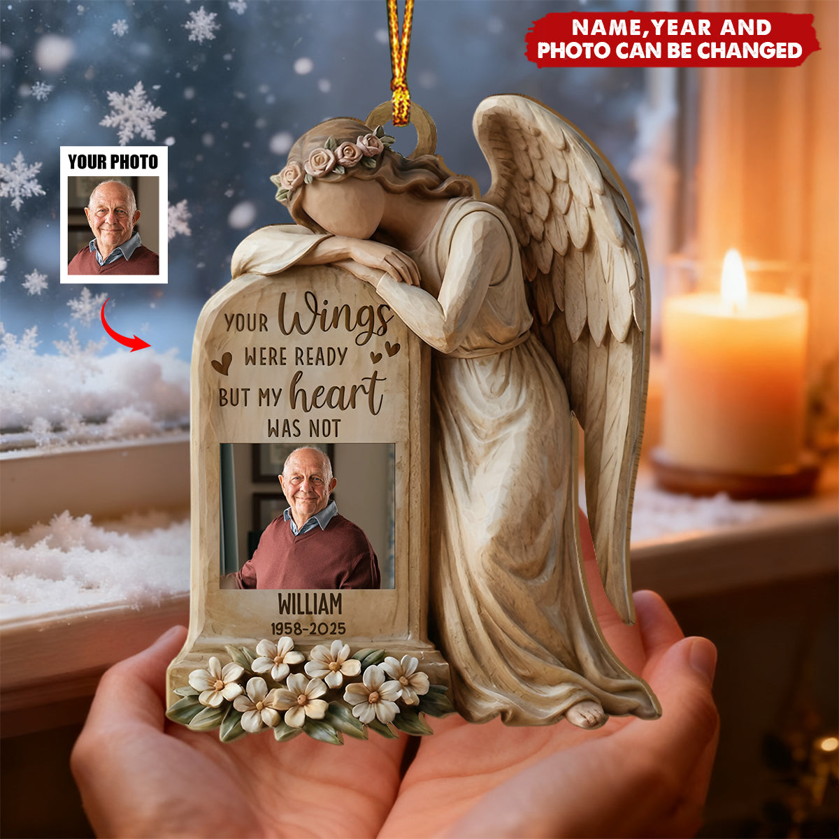 Personalized Photo Memorial Angel Wooden Ornament With Name & Year - Christmas Remembrance | Sympathy Gift For Loss Of Family