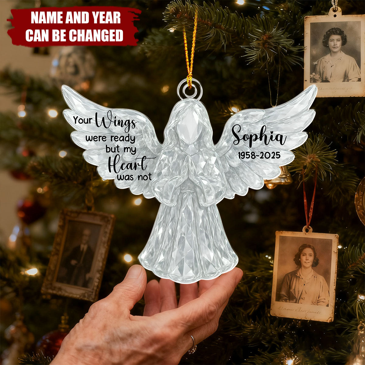Personalized Acrylic Angel Wings Memorial Ornament With Name & Year - Christmas Healing Gift For Loss Of Family